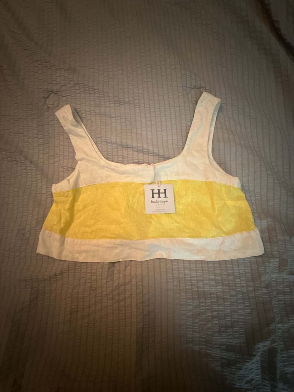 Haute Hippie Style Yellow and White Color Block Linen Blend Crop Top